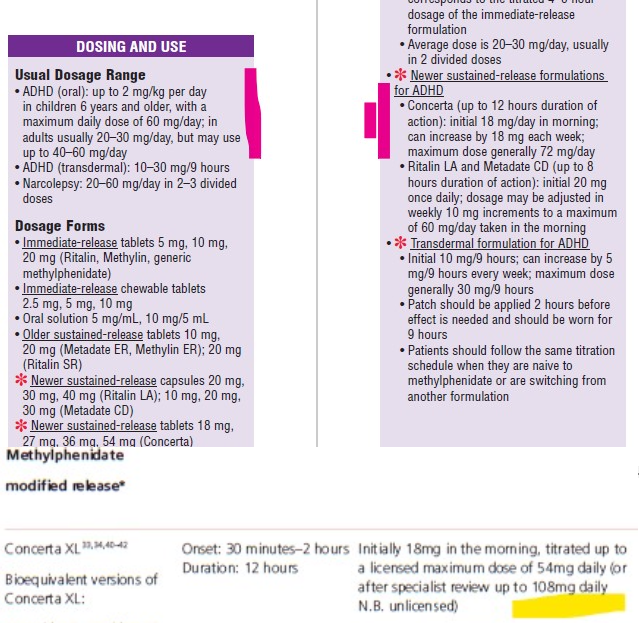 dozele maxime de metilfenidat cu eliberare prelungită prin mecanismul de eliberare prin pompă osmotică (OROS), comercializat în România sub numele de Concerta